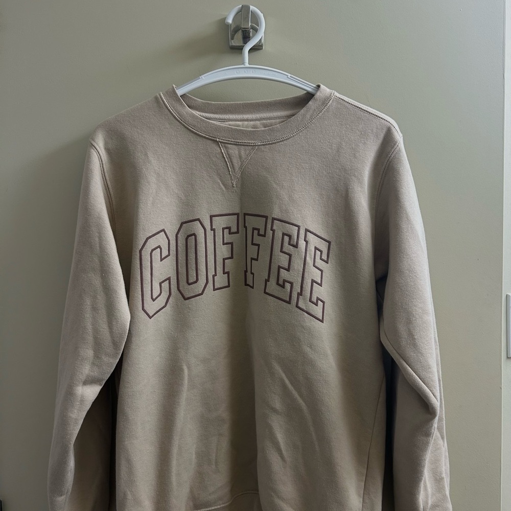 Tan Sweatshirt with Coffee Print